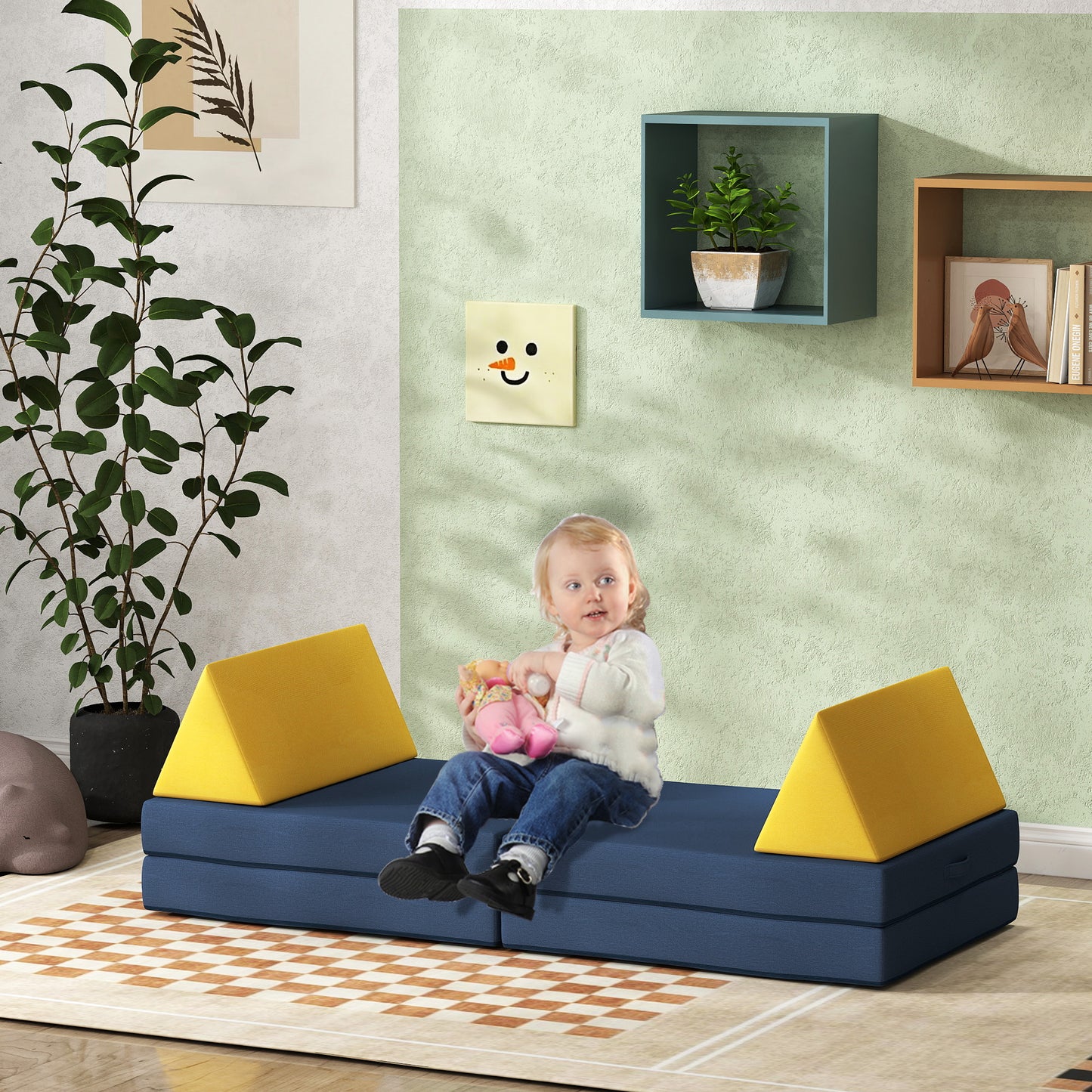 Blue Velvet Kids Play Couch - 6 Piece Modular Sofa