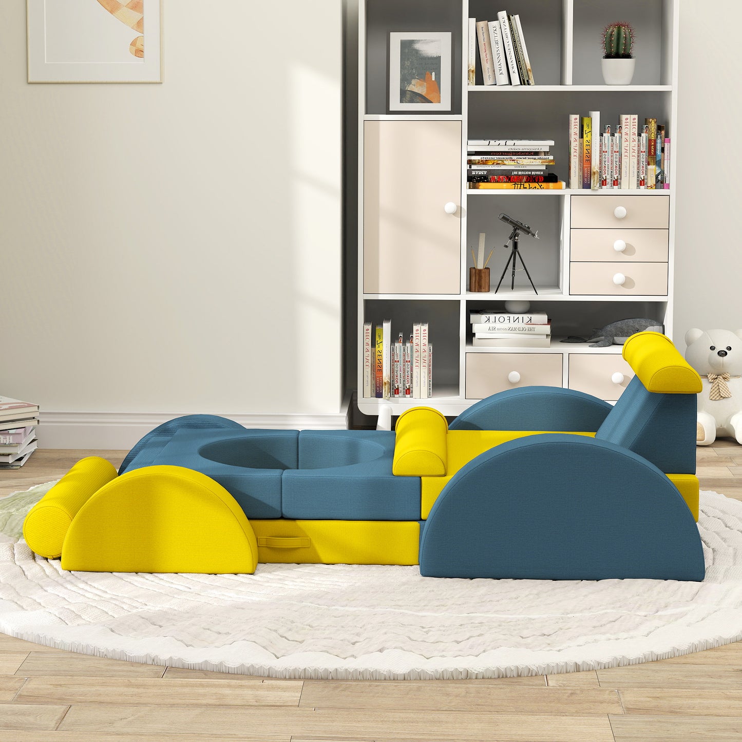 Qaba Modular Kids Play Couch - Yellow Corduroy, 14 Pieces