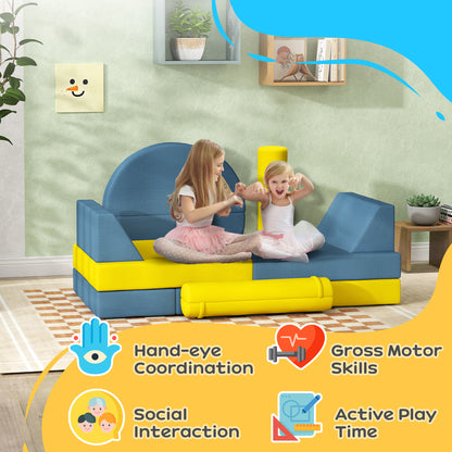 Qaba Modular Kids Play Couch - Yellow Corduroy, 14 Pieces