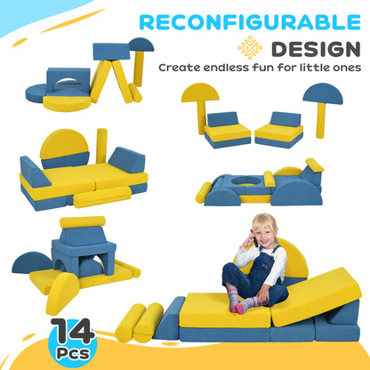 Qaba Modular Kids Play Couch - Yellow Corduroy, 14 Pieces