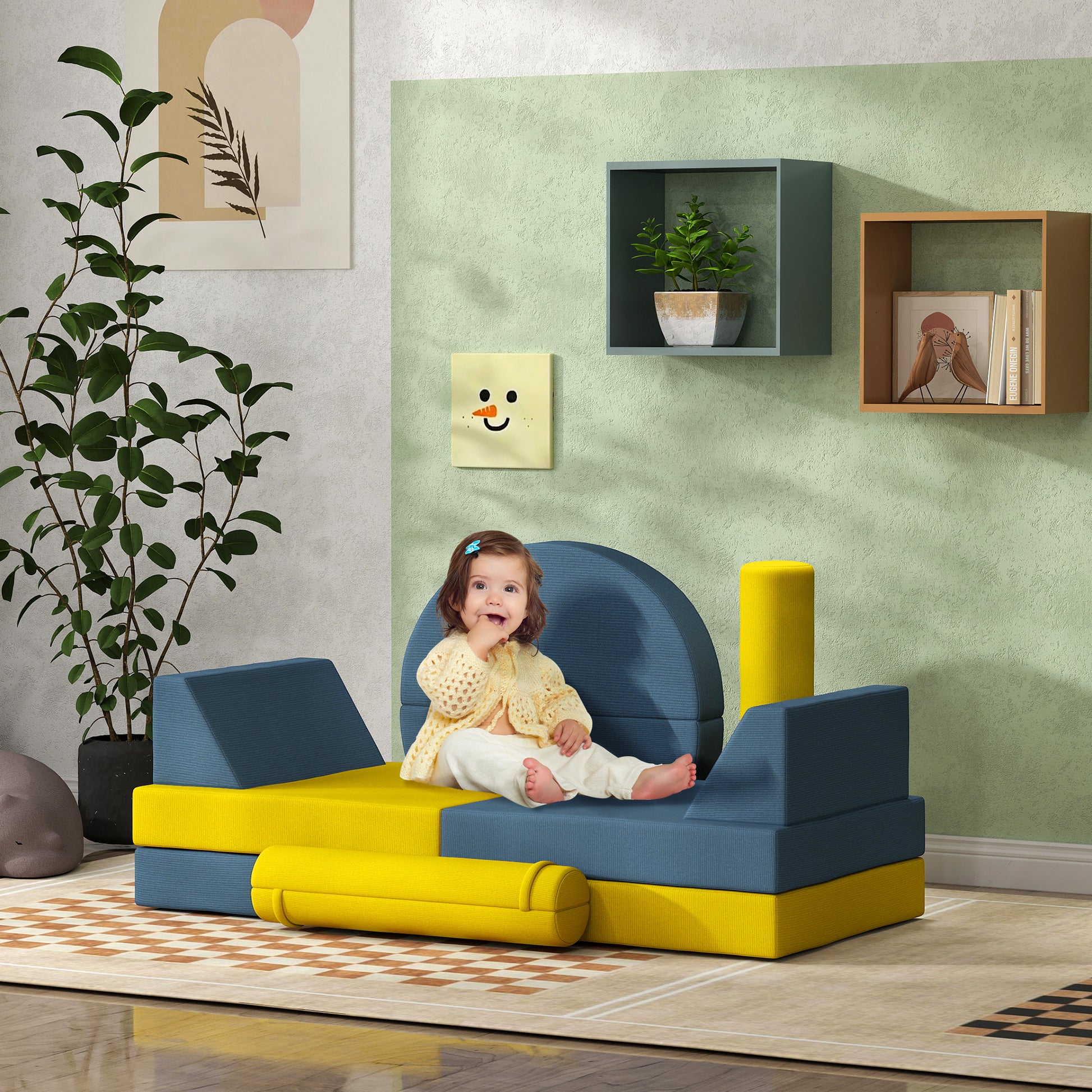 Qaba Modular Kids Play Couch - Yellow Corduroy, 14 Pieces