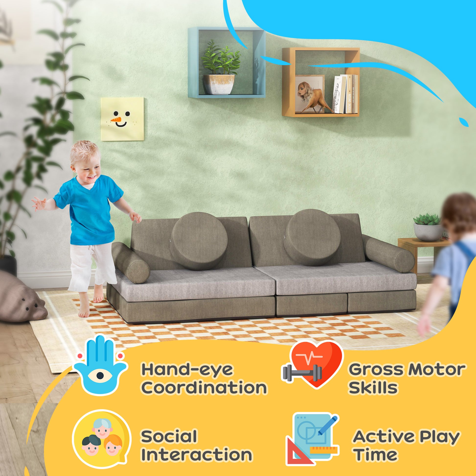 Qaba Modular Kids Play Couch - 12 Piece Soft Velvet Sofa