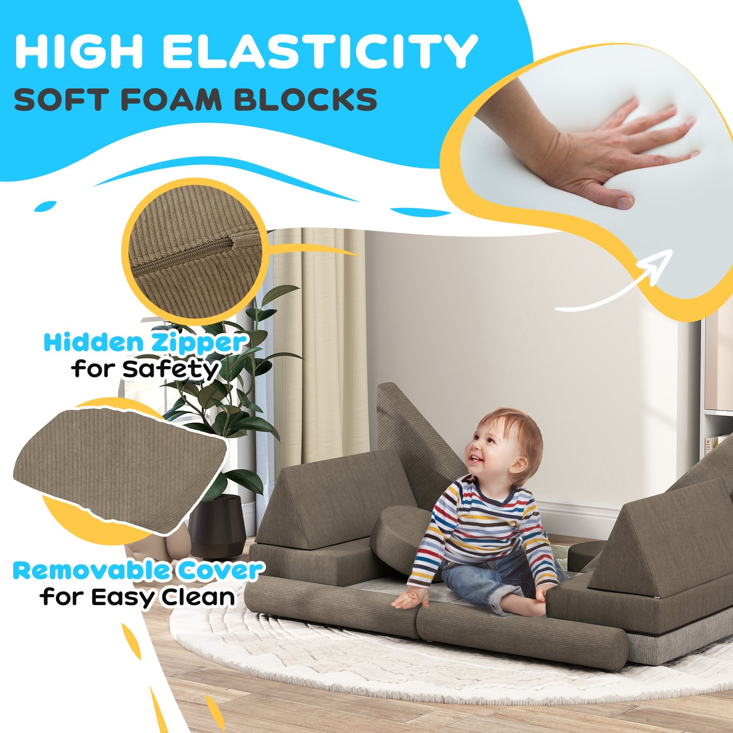 Qaba Modular Kids Play Couch - 12 Piece Soft Velvet Sofa
