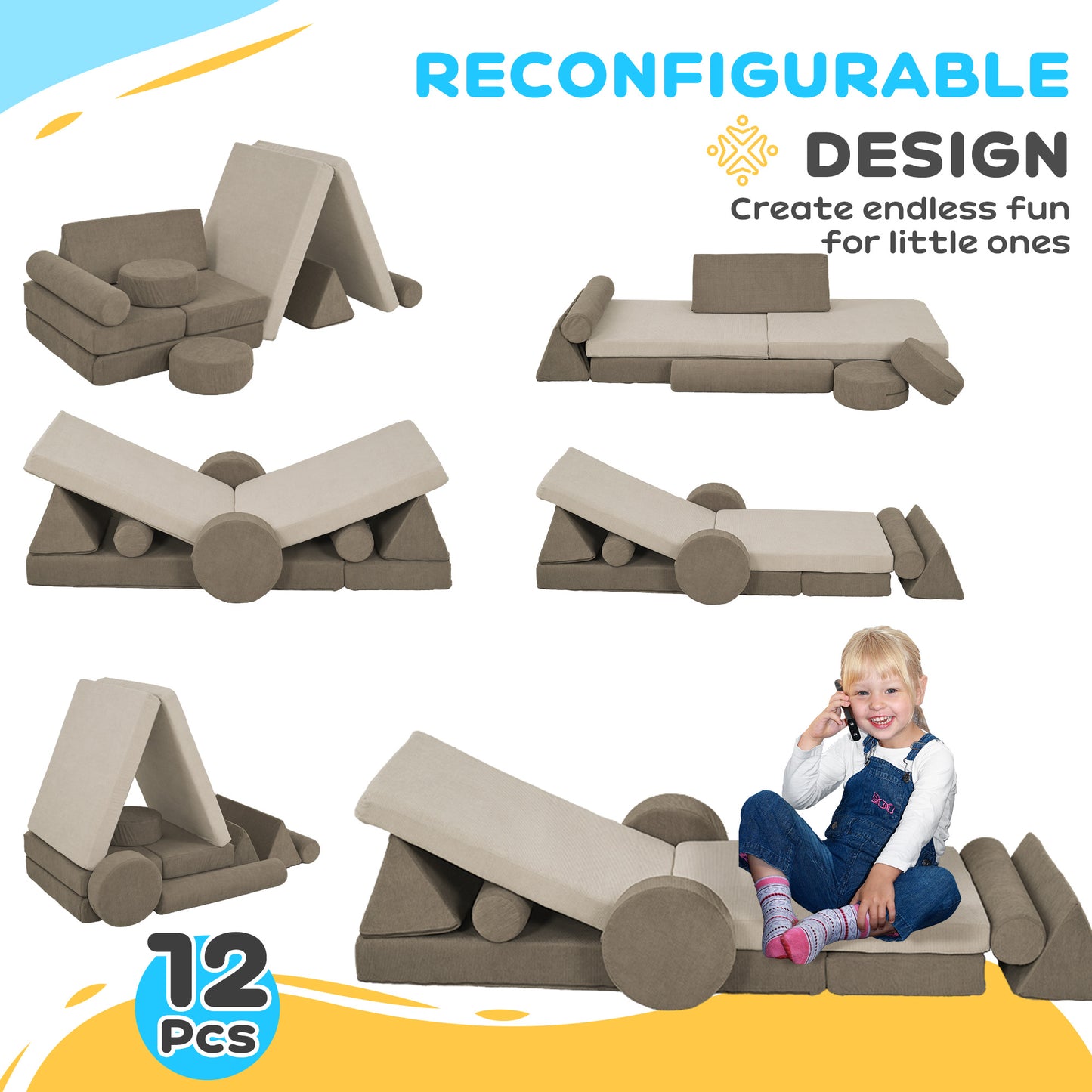Qaba Modular Kids Play Couch - 12 Piece Soft Velvet Sofa