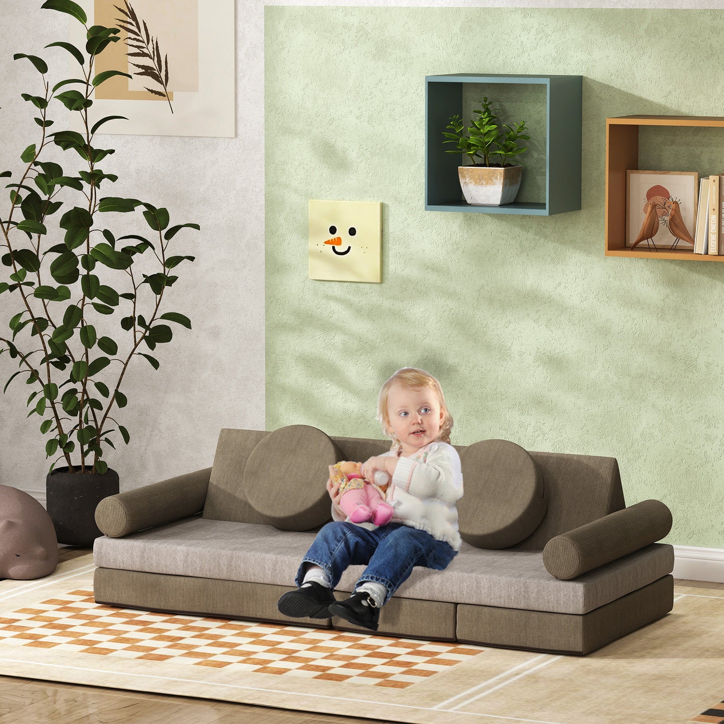 Qaba Modular Kids Play Couch - 12 Piece Soft Velvet Sofa