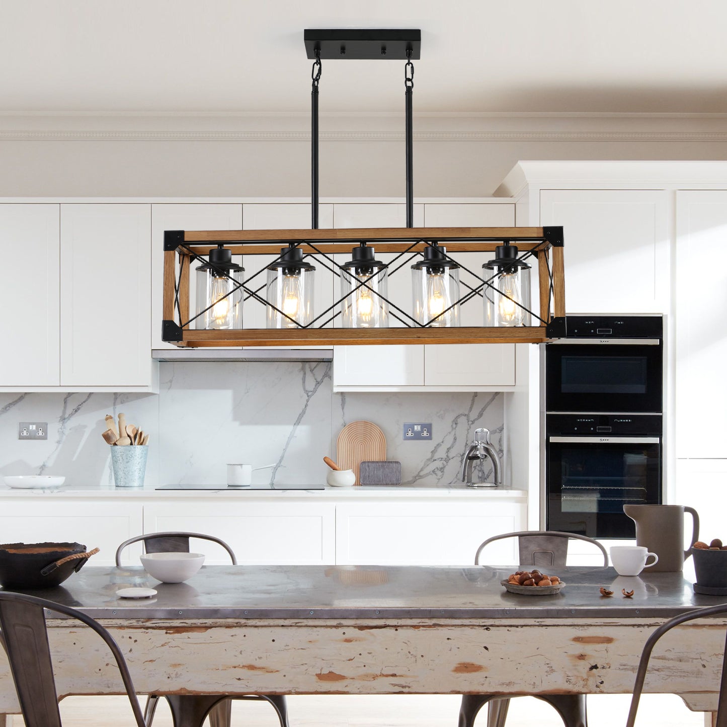 32" Walnut Industrial Farmhouse Rectangle Pendant Light, 5-Light Chandelier with Lampshades for Dining Room, Kitchen Island, Cafe Decor (No Bulbs)