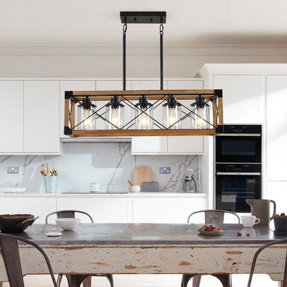 32" Walnut Industrial Farmhouse Rectangle Pendant Light, 5-Light Chandelier with Lampshades for Dining Room, Kitchen Island, Cafe Decor (No Bulbs)