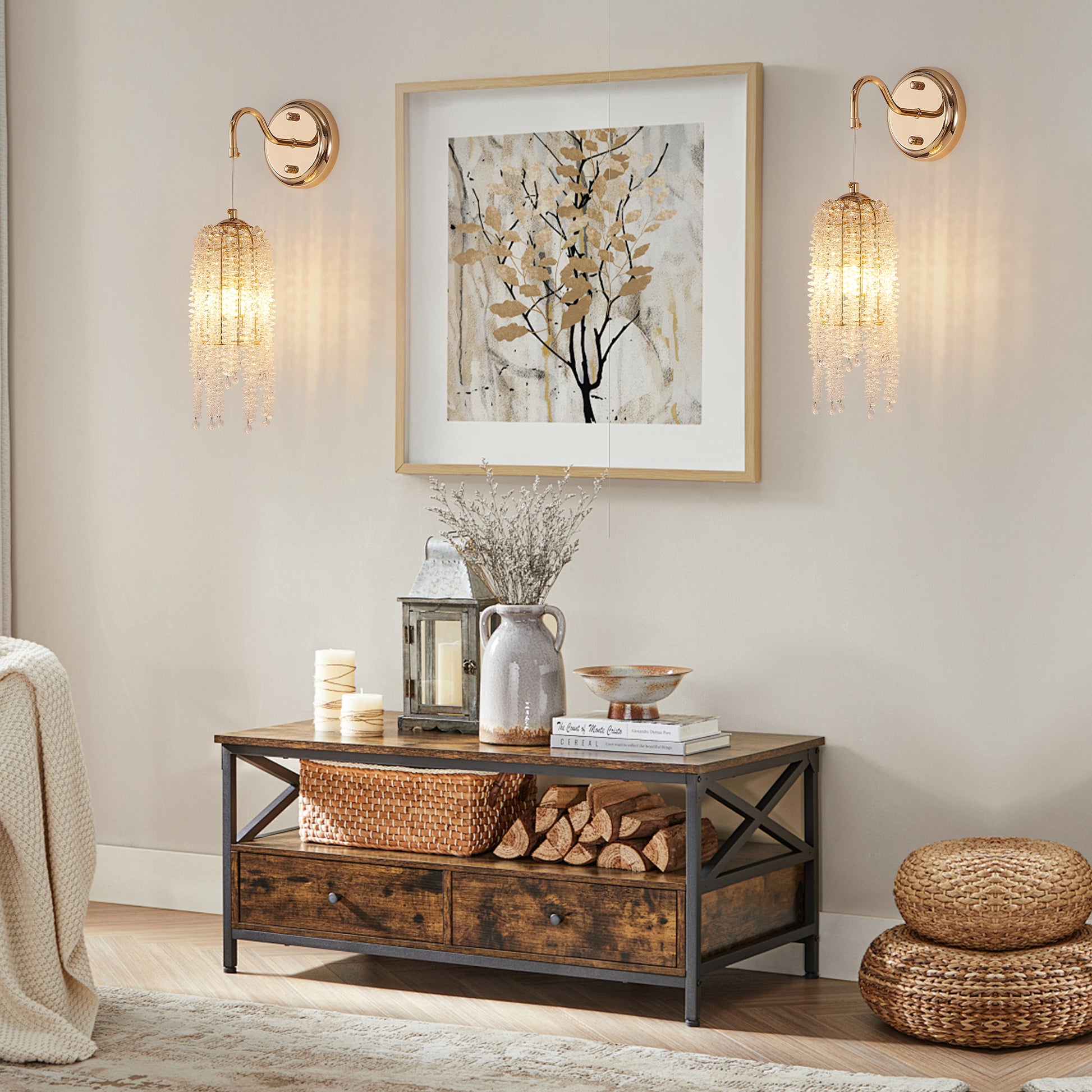 Set of 2 Gold Frame and Cascading Crystal Bead String Wall Sconces, E12 Bulb Socket, Elegant Hanging Light Fixture for Living Room, Bedroom, Hallway (Bulb Not Included)