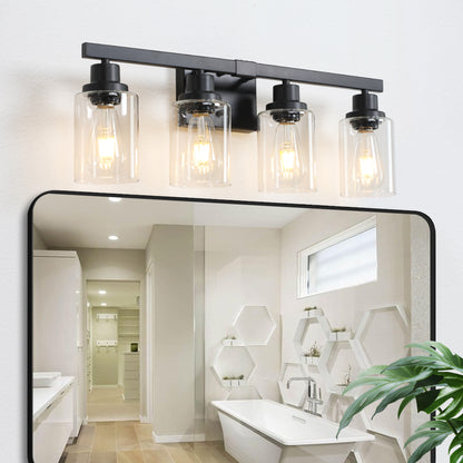 24" Modern Black 4-Light Bathroom Vanity Light Fixture, Industrial Wall Sconce with Clear Glass Shades for Mirror, Bathroom, Bedroom, and Hallway (No Bulbs)