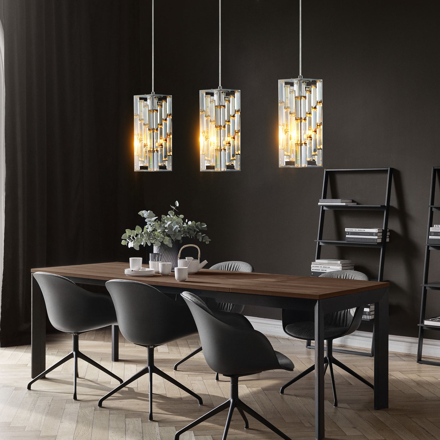 3-Piece Chrome Iron Crystal Pendant Light Set