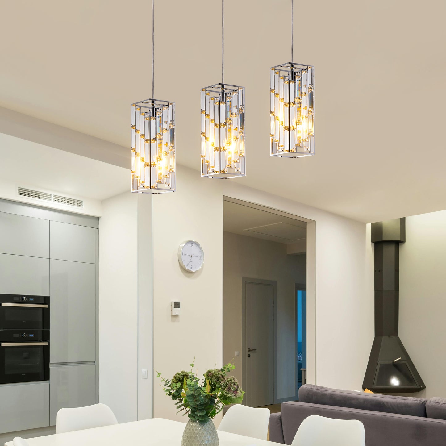 3-Piece Chrome Iron Crystal Pendant Light Set
