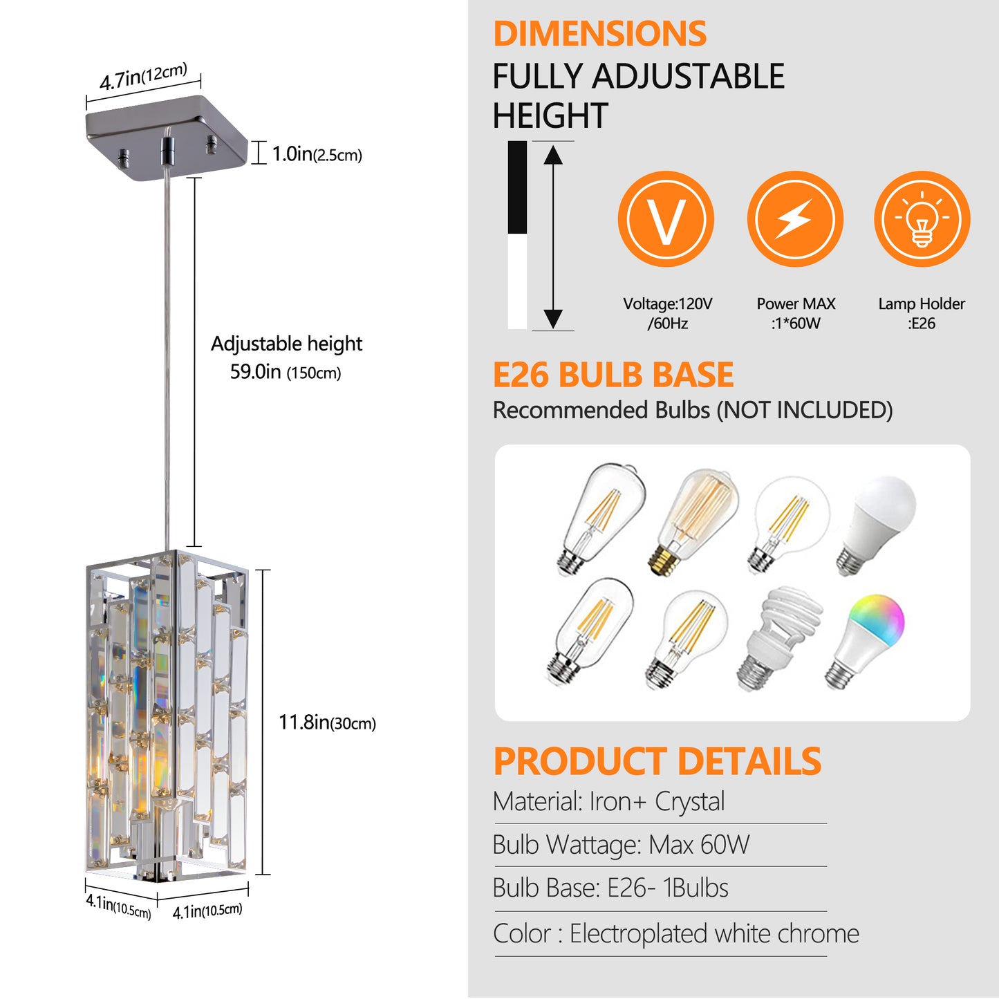 3-Piece Chrome Iron Crystal Pendant Light Set