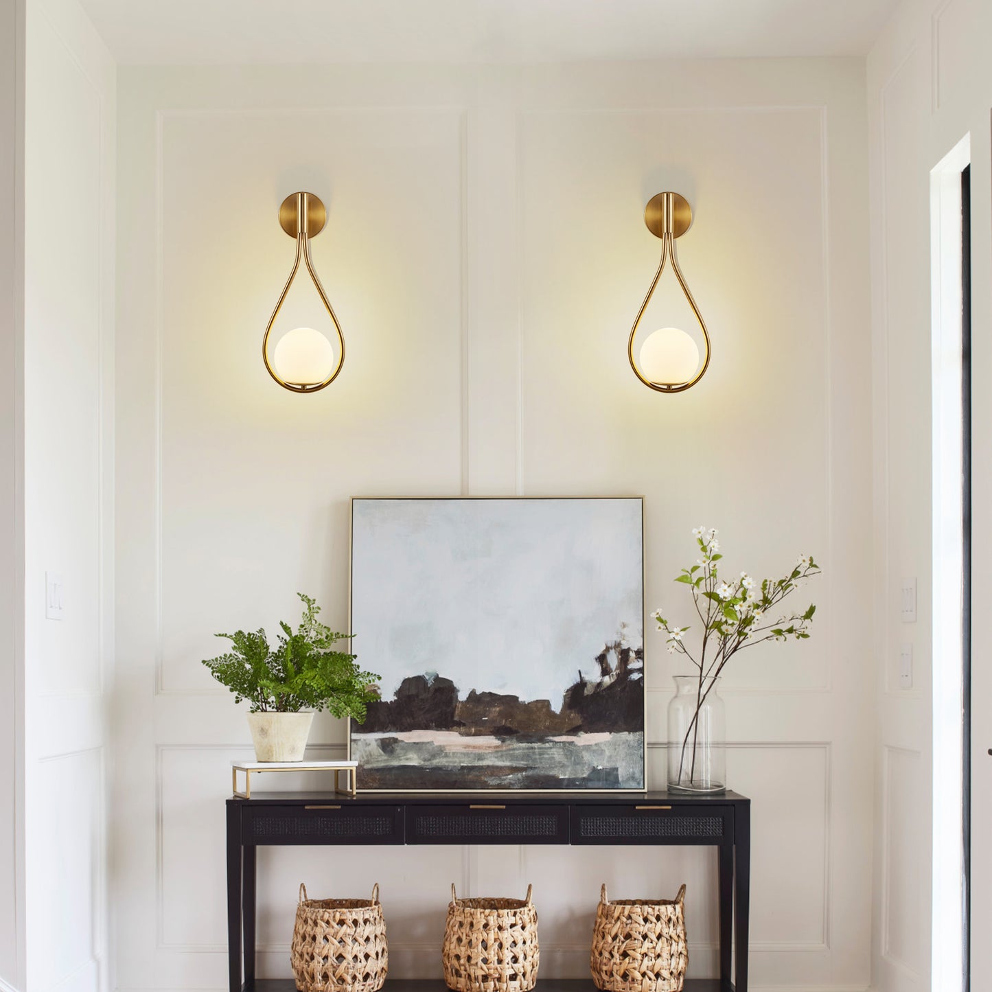19" Set of 2 Modern Golden Wall Sconces with Opal Glass Globe, Mid-Century Design, Luxury Wall Lights for Bedroom, Living Room, Hallway (No Bulb)