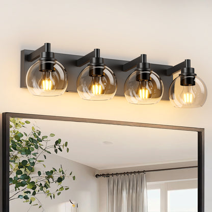 Industrial Bathroom Vanity Light,4-Light Bathroom Lights Over Mirror with Clear Glass Globe Shade and Metal Base, Matte Black Bathroom Vanity Light Fixture(Bulbs Not Included)