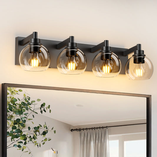 Industrial Bathroom Vanity Light,4-Light Bathroom Lights Over Mirror with Clear Glass Globe Shade and Metal Base, Matte Black Bathroom Vanity Light Fixture(Bulbs Not Included)