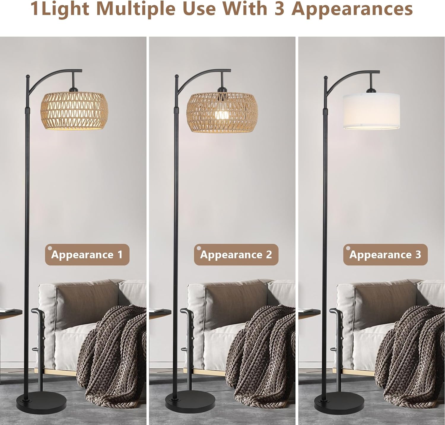 Arc Floor Lamp with Remote Control - Dimmable LED, Black Rattan