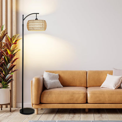 Arc Floor Lamp with Remote Control - Dimmable LED, Black Rattan