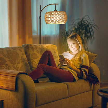 Arc Floor Lamp with Remote Control - Dimmable LED, Black Rattan