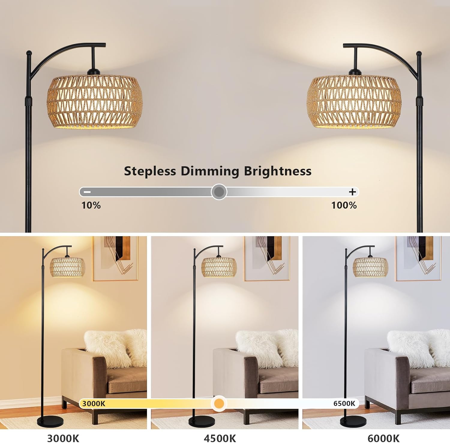 Arc Floor Lamp with Remote Control - Dimmable LED, Black Rattan