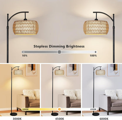 Arc Floor Lamp with Remote Control - Dimmable LED, Black Rattan