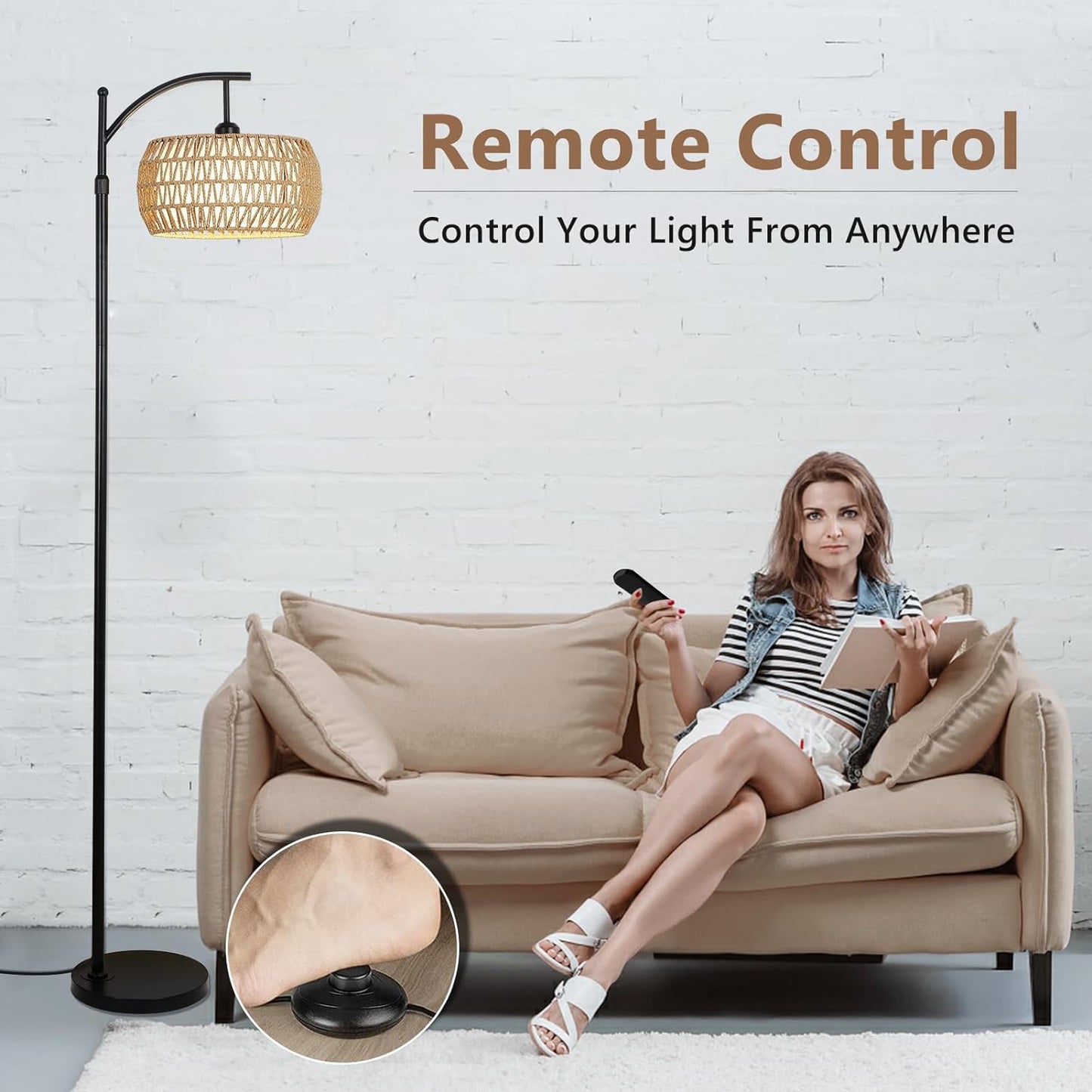 Arc Floor Lamp with Remote Control - Dimmable LED, Black Rattan