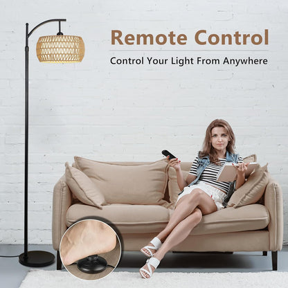 Arc Floor Lamp with Remote Control - Dimmable LED, Black Rattan