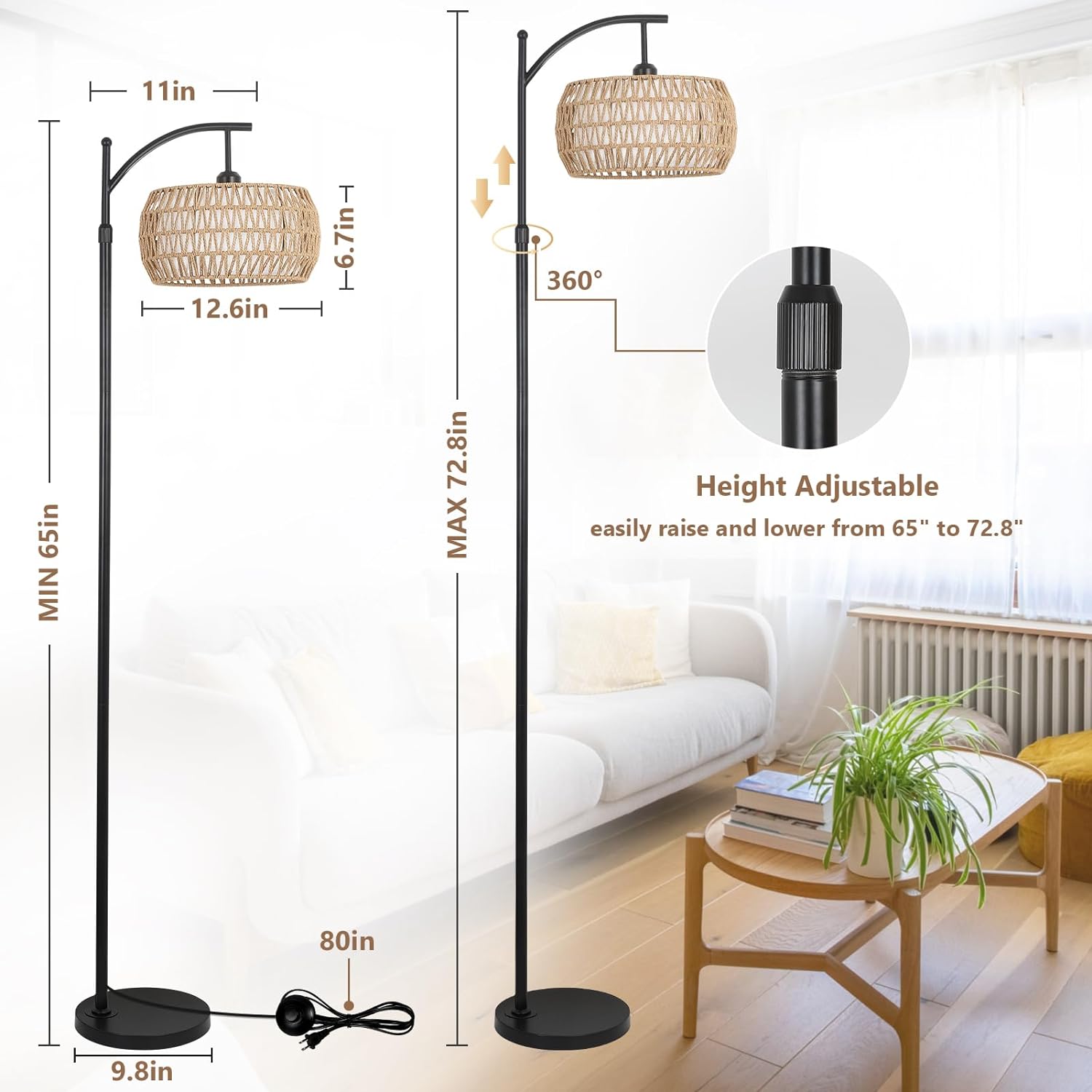 Arc Floor Lamp with Remote Control - Dimmable LED, Black Rattan