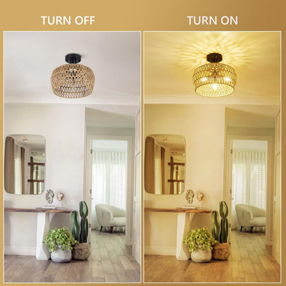 Brown Rattan Ceiling Light Fixture 3-Light Boho Chandelier for Bedroom Hallway