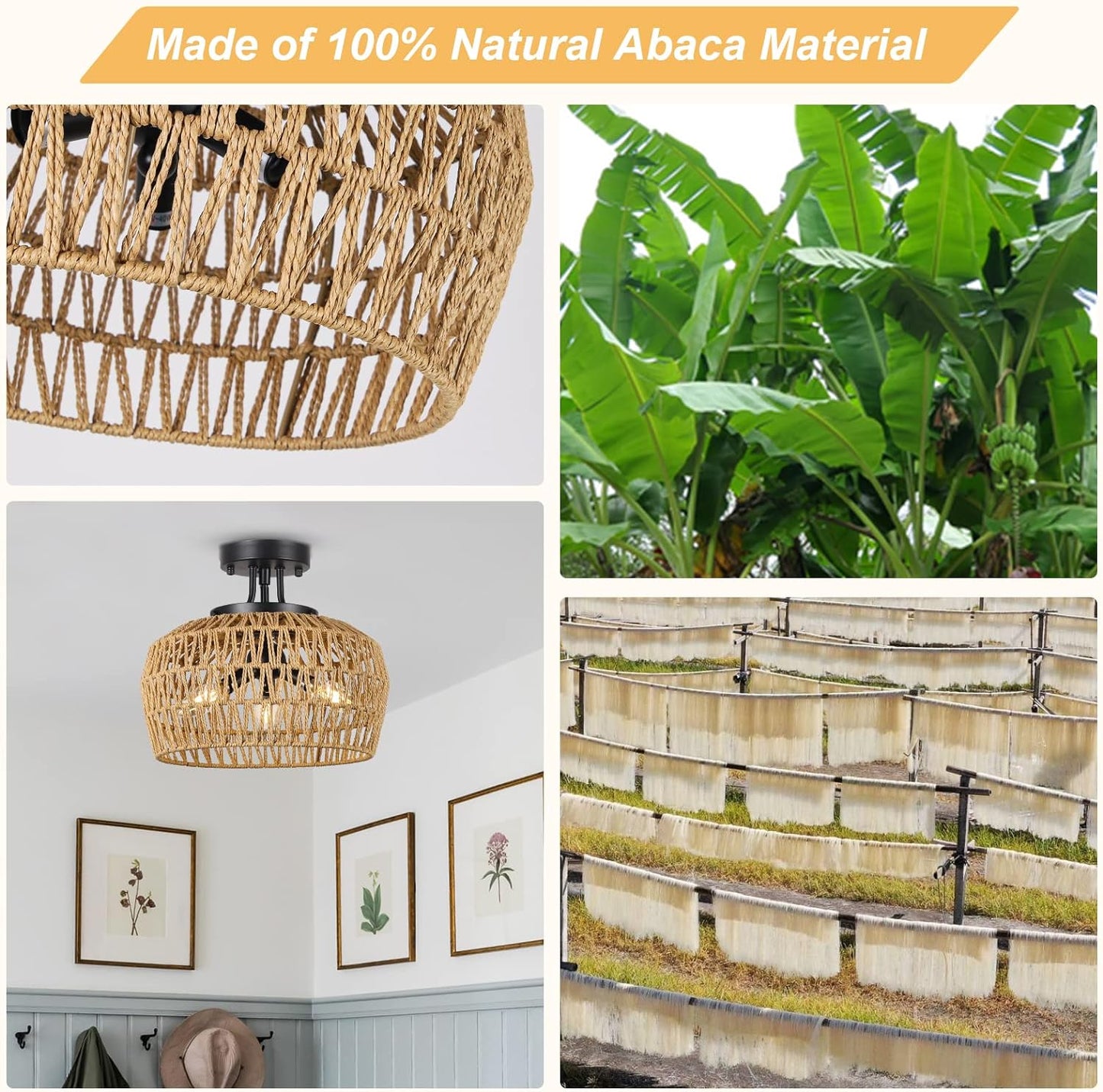 Brown Rattan Ceiling Light Fixture 3-Light Boho Chandelier for Bedroom Hallway