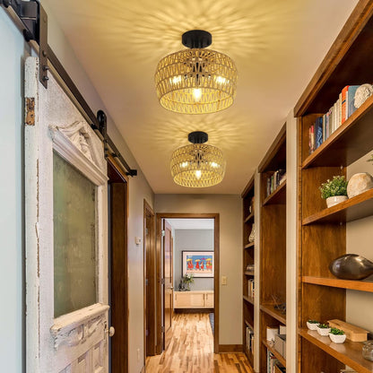 Brown Rattan Ceiling Light Fixture 3-Light Boho Chandelier for Bedroom Hallway