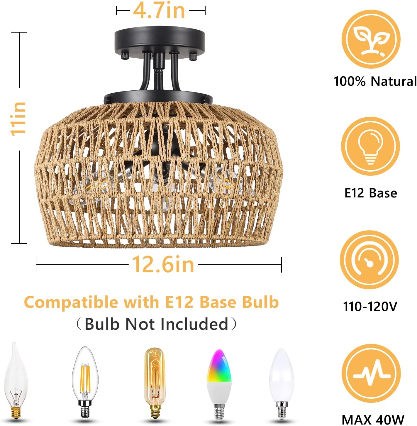 Brown Rattan Ceiling Light Fixture 3-Light Boho Chandelier for Bedroom Hallway