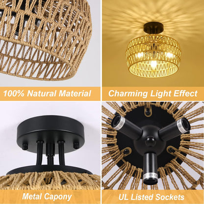 Brown Rattan Ceiling Light Fixture 3-Light Boho Chandelier for Bedroom Hallway