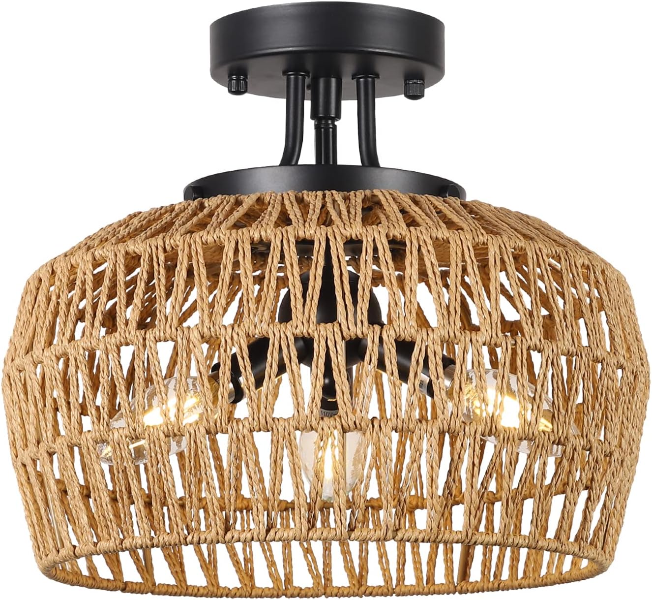 Brown Rattan Ceiling Light Fixture 3-Light Boho Chandelier for Bedroom Hallway