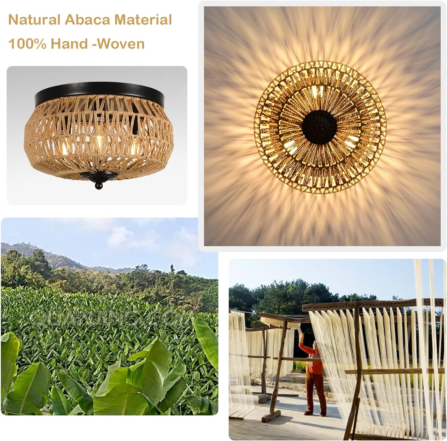 Brown Rattan Flush Mount Ceiling Light - Bedroom Lighting
