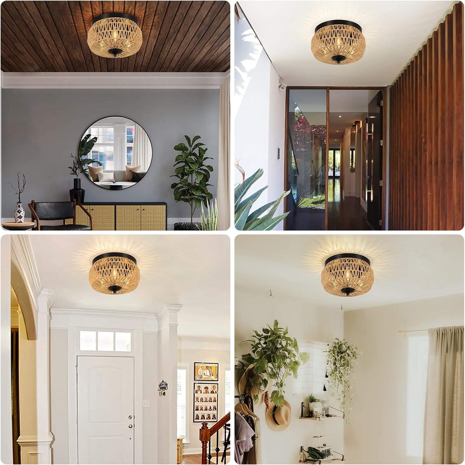 Brown Rattan Flush Mount Ceiling Light - Bedroom Lighting