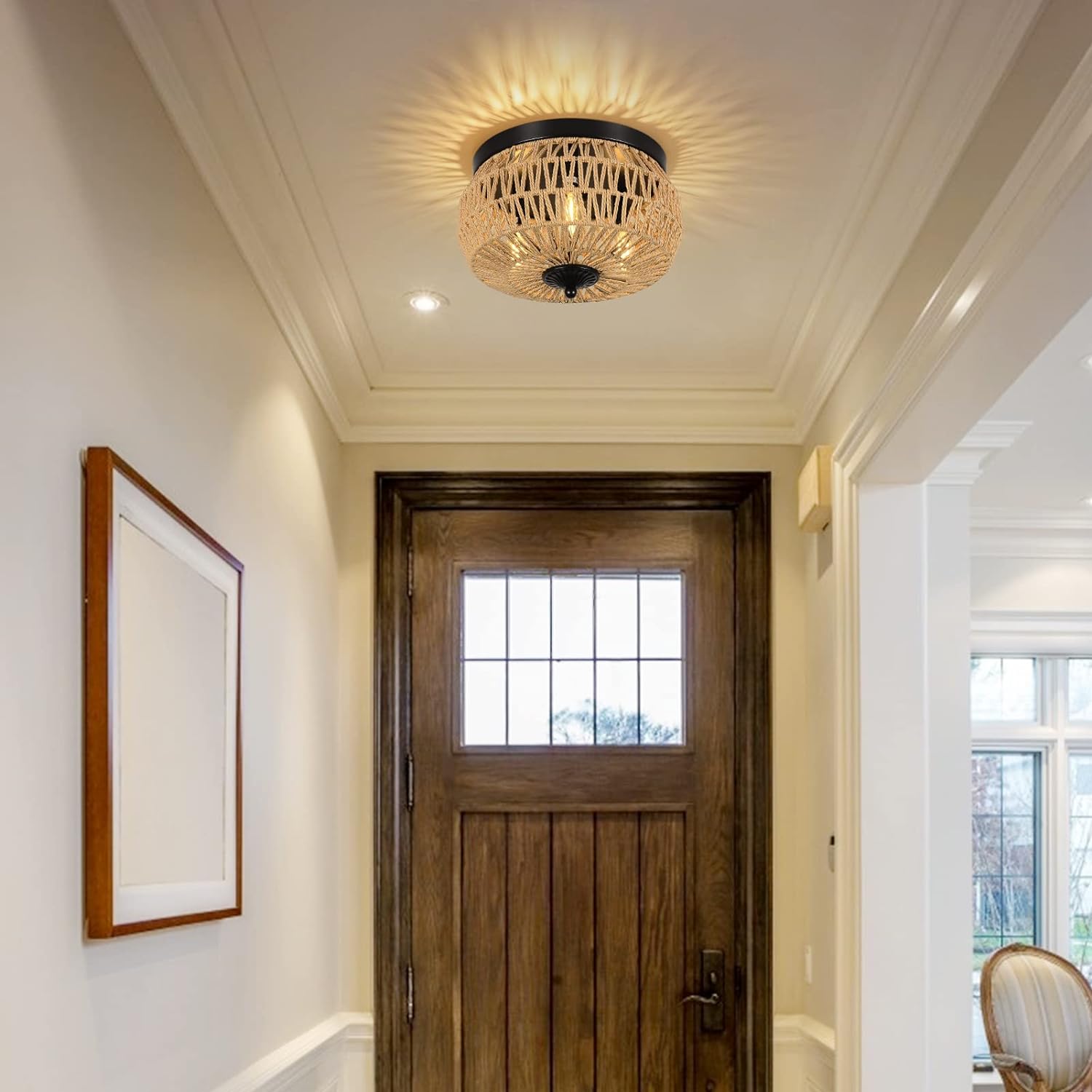 Brown Rattan Flush Mount Ceiling Light - Bedroom Lighting