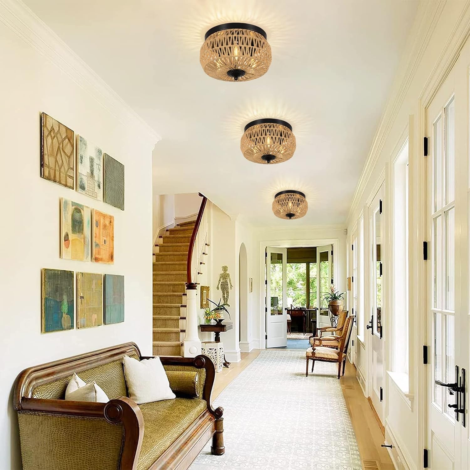 Brown Rattan Flush Mount Ceiling Light - Bedroom Lighting
