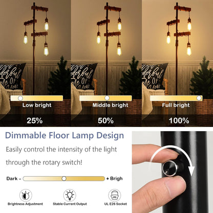 Dimmable Industrial Floor Lamp - 68 Inch Wood & Metal