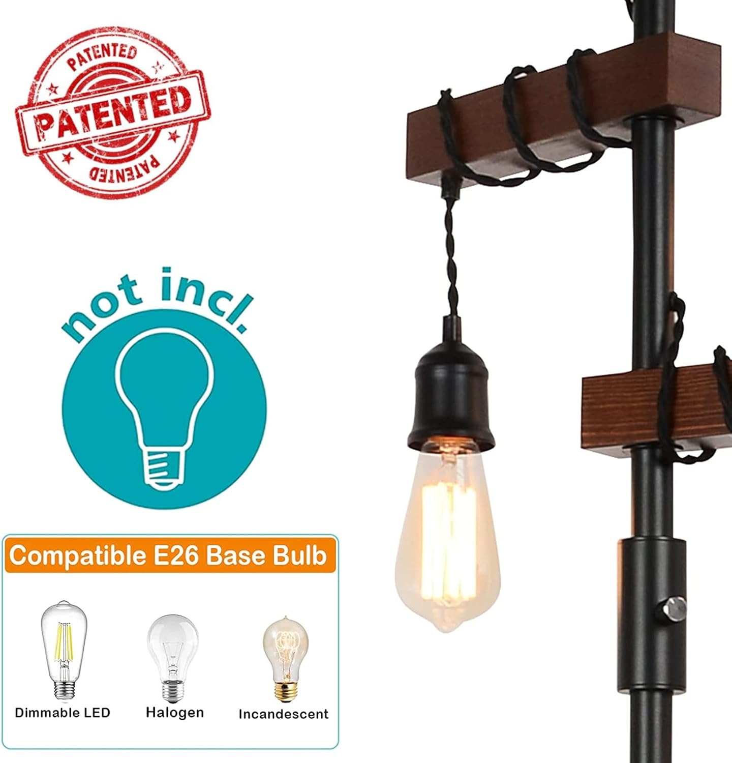 Dimmable Industrial Floor Lamp - 68 Inch Wood & Metal