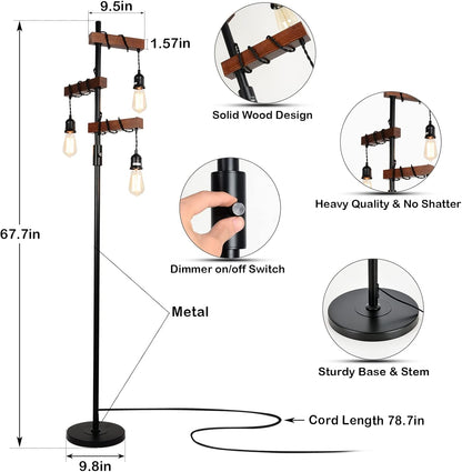 Dimmable Industrial Floor Lamp - 68 Inch Wood & Metal