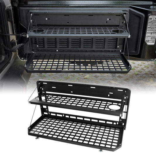 2-Tier Tailgate Table Rear Foldable Storage Cargo Rack Outdoor Camping Desk for 2007-2026 Jeep Wrangler JK&JL 4 Door (Not Fit JK Models with Stock Subwoofer)