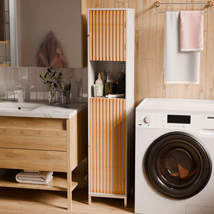 Bathroom Tall Storage Cabinet with Bamboo Slats Door - Natural/White
