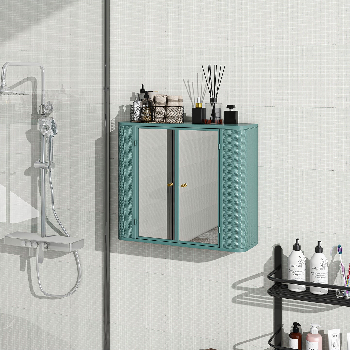 Army Green Wall-Mounted Bathroom Cabinet with Mirror, 2 Mirrored Doors & Open Shelf, Farmhouse Metal Frame Storage Cabinet with Open Compartment for Vanity, Toilet & Over-the-Sink