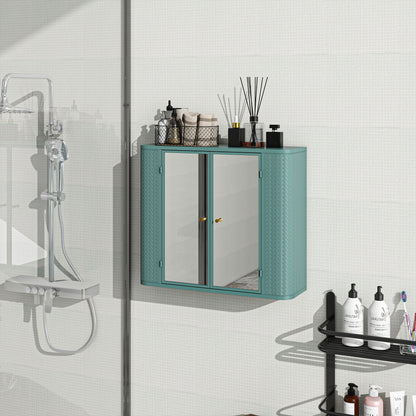 Army Green Wall-Mounted Bathroom Cabinet with Mirror, 2 Mirrored Doors & Open Shelf, Farmhouse Metal Frame Storage Cabinet with Open Compartment for Vanity, Toilet & Over-the-Sink