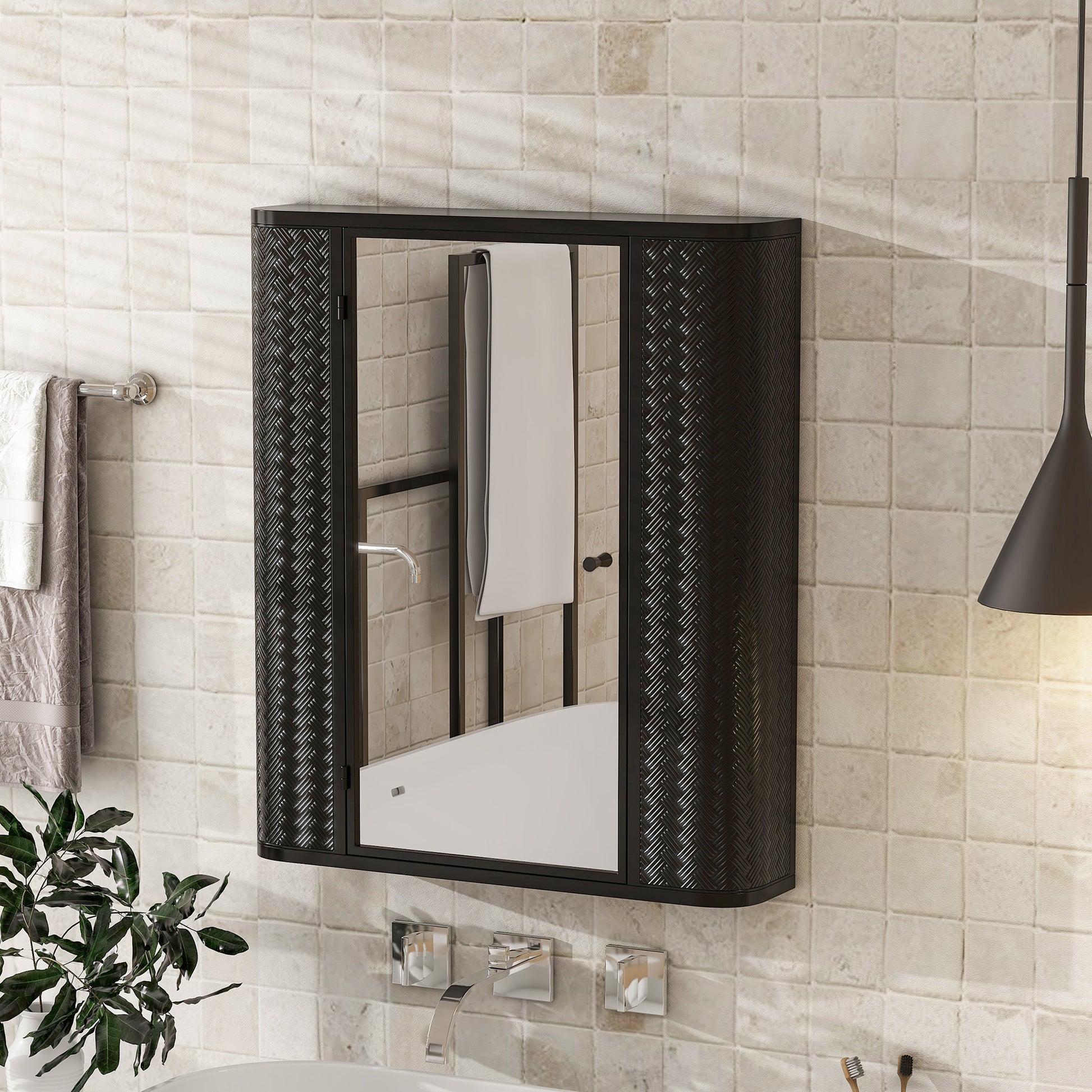 Wall-Mounted Bathroom Cabinet with Mirror, Metal Framed Mirrored Door Medicine Cabinet, 2 Inner Shelves for Storage, Modern Farmhouse Style, Over Toilet or Vanity Organizer