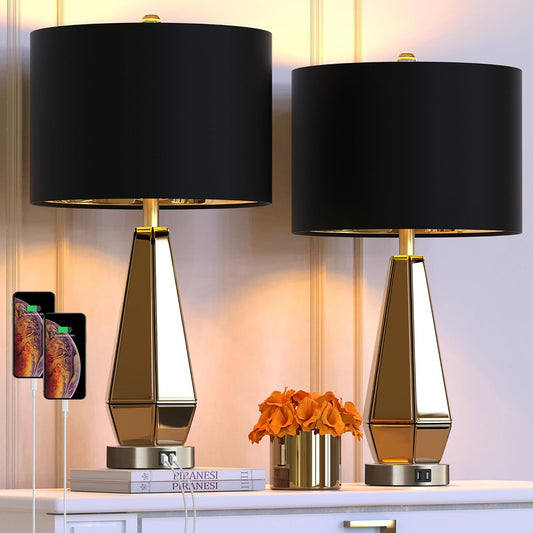 Set of 2 Mirrored Glass Bedside Table Lamps with 2 USB Ports for Bedrooms Modern Amber Side Nightstand Lamps with Gold Black Fabric Shade Geometric Comtempory Living Room Lamps for End Tables