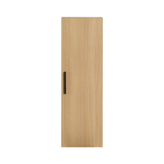 12" Tall Floating Bathroom Side Cabinet, Light Oak Plywood Linen Cabinet, Wall-Mounted Single Door Storage with Black/Aluminum Handles