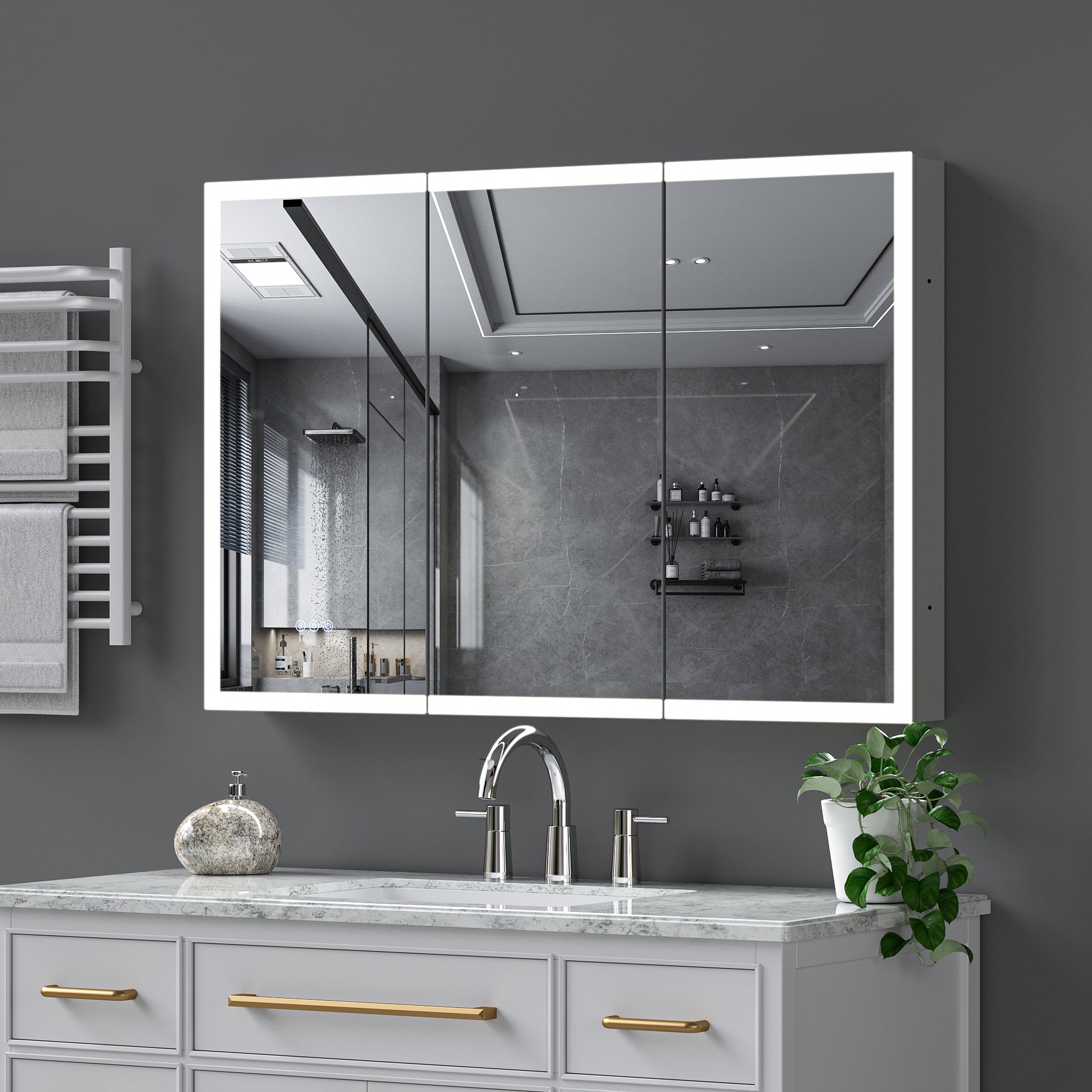 LED Lighted Medicine Cabinet with Mirror, 48*32Inches Bathroom Mirror Cabinet with Lights,Recessed or Wall Mounted, 3 Color TemperaturesAnti-Fog