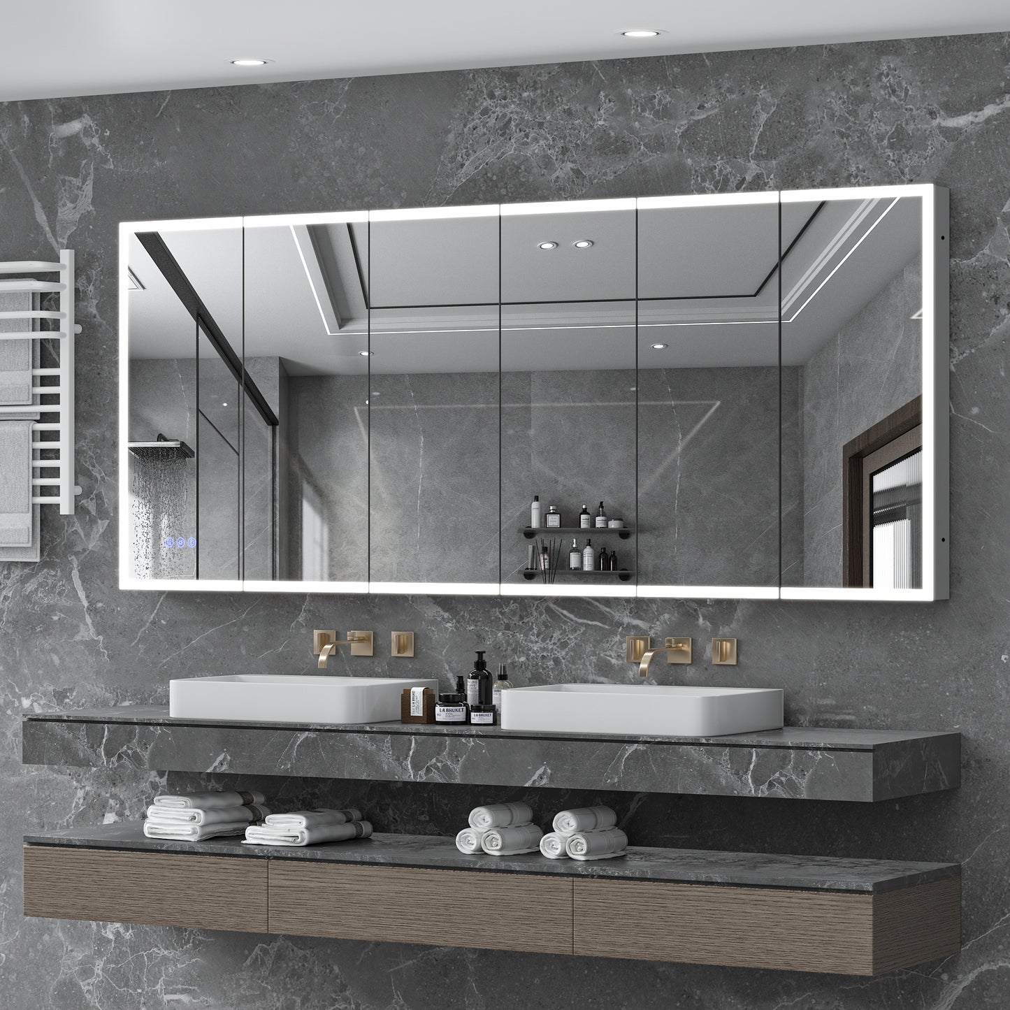 LED Lighted Medicine Cabinet with Mirror, 96*40Inches Bathroom Mirror Cabinet with Lights,Recessed or Wall Mounted, 3 Color TemperaturesAnti-Fog
