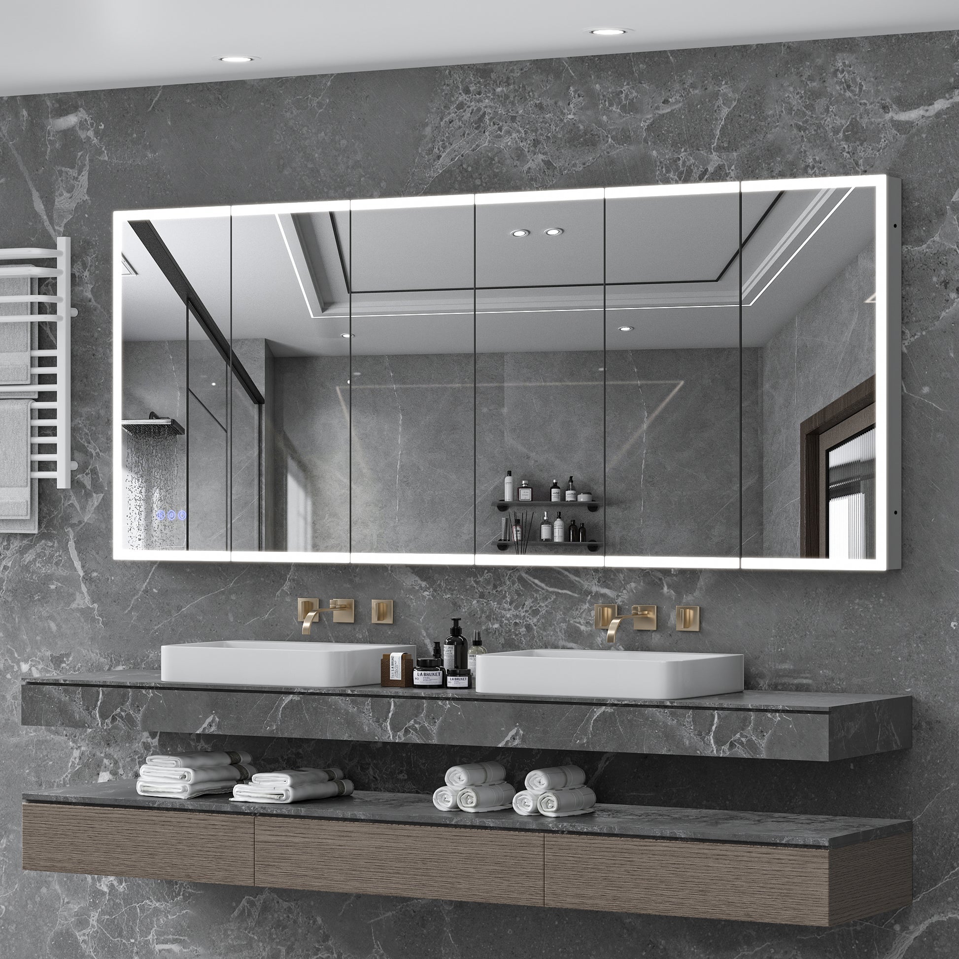 LED Lighted Medicine Cabinet with Mirror, 96*40Inches Bathroom Mirror Cabinet with Lights,Recessed or Wall Mounted, 3 Color TemperaturesAnti-Fog